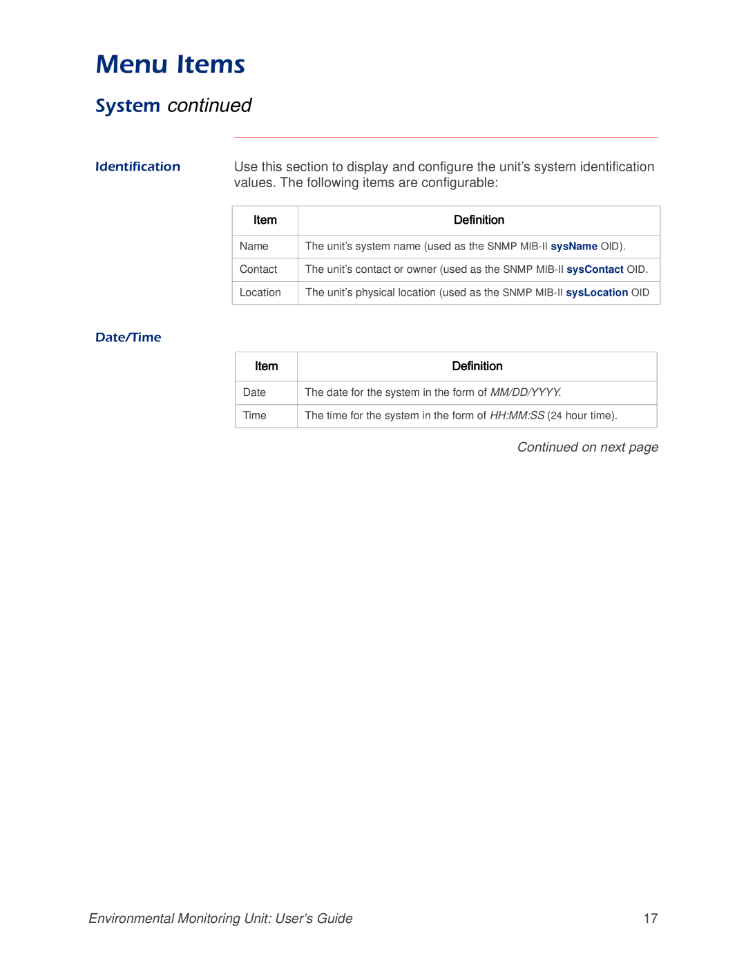 APC AP9312THi manual Identification, Values. The following items are configurable, Date/Time 