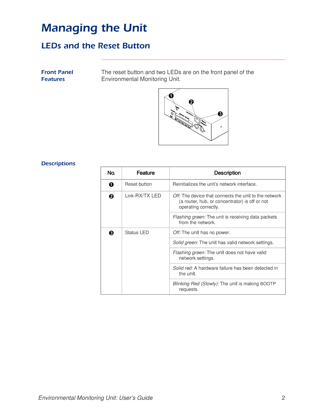 APC AP9312THi manual Managing the Unit, LEDs and the Reset Button, Reset button and two LEDs are on the front panel 