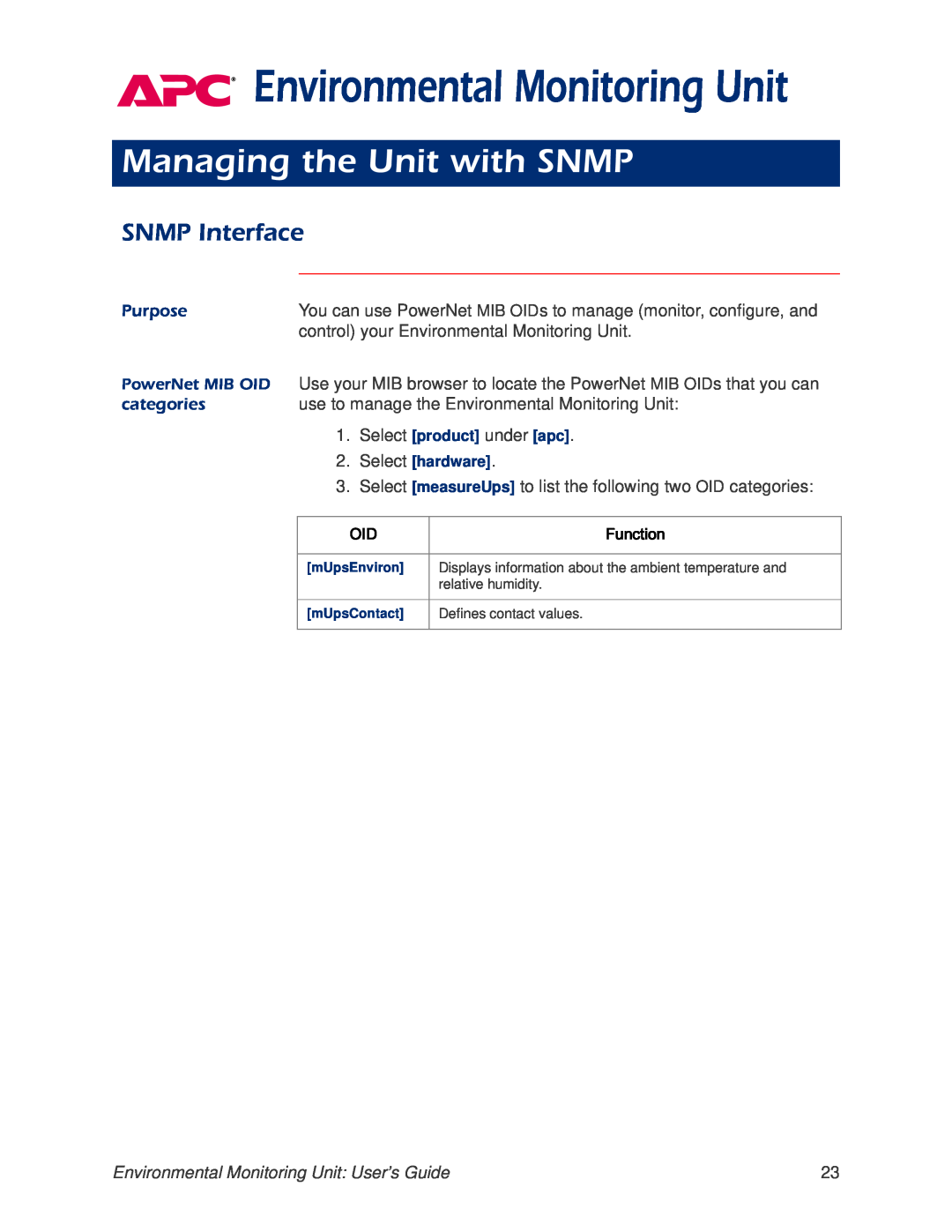 APC AP9312THi manual Managing the Unit with SNMP, SNMP Interface, categories, Environmental Monitoring Unit, Purpose 