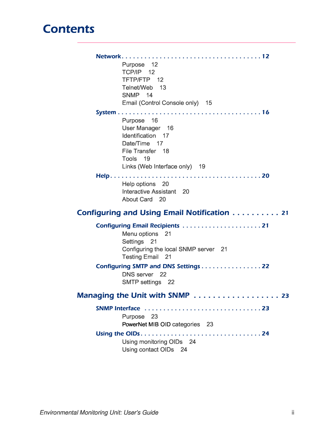 APC AP9312TH manual Contents, Configuring and Using Email Notification, Managing the Unit with SNMP, Network, System, Help 
