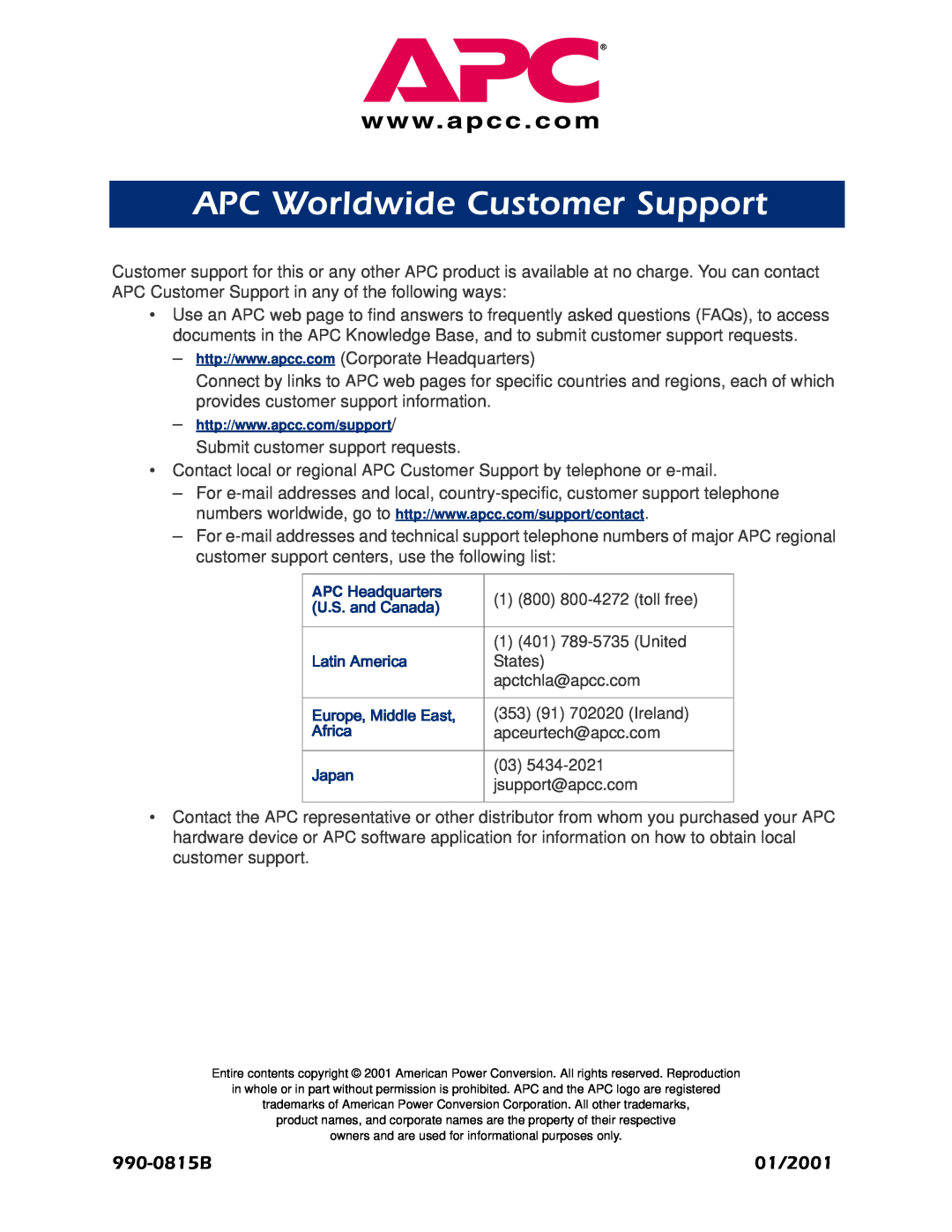 APC AP9312THi manual APC Worldwide Customer Support, 990-0815B, 01/2001 