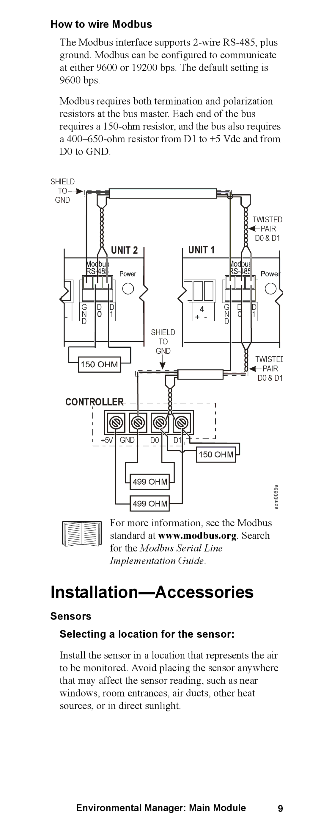 APC AP9340 manual Installation-Accessories, How to wire Modbus, Sensors Selecting a location for the sensor 