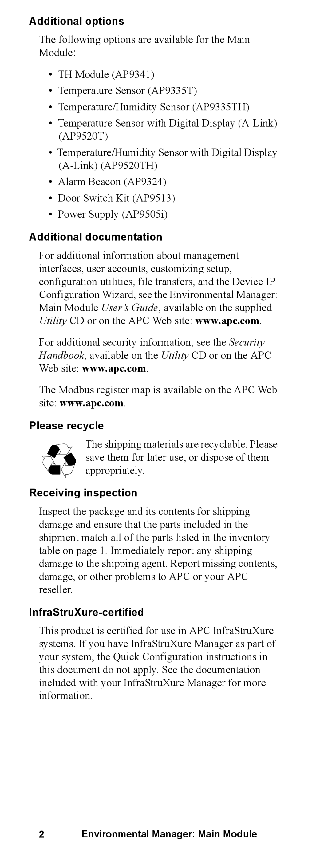 APC AP9340 Additional options, Additional documentation Please recycle, Receiving inspection, InfraStruXure-certified 