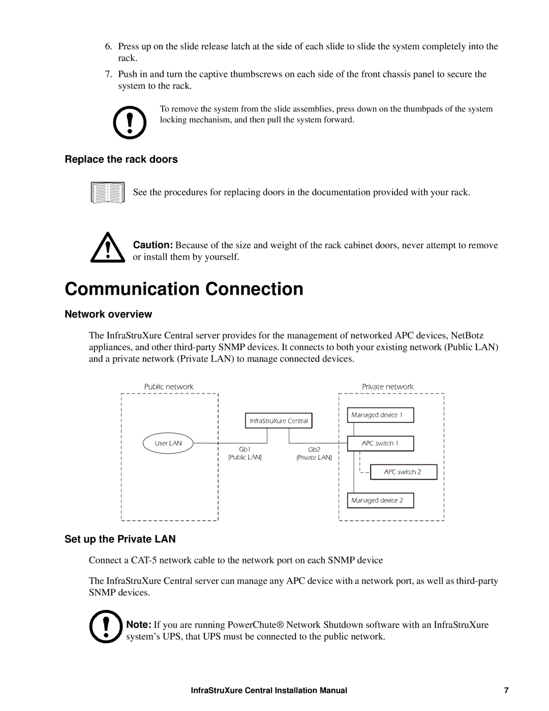 APC AP9465, AP9470, AP9475 Communication Connection, Replace the rack doors, Network overview, Set up the Private LAN 