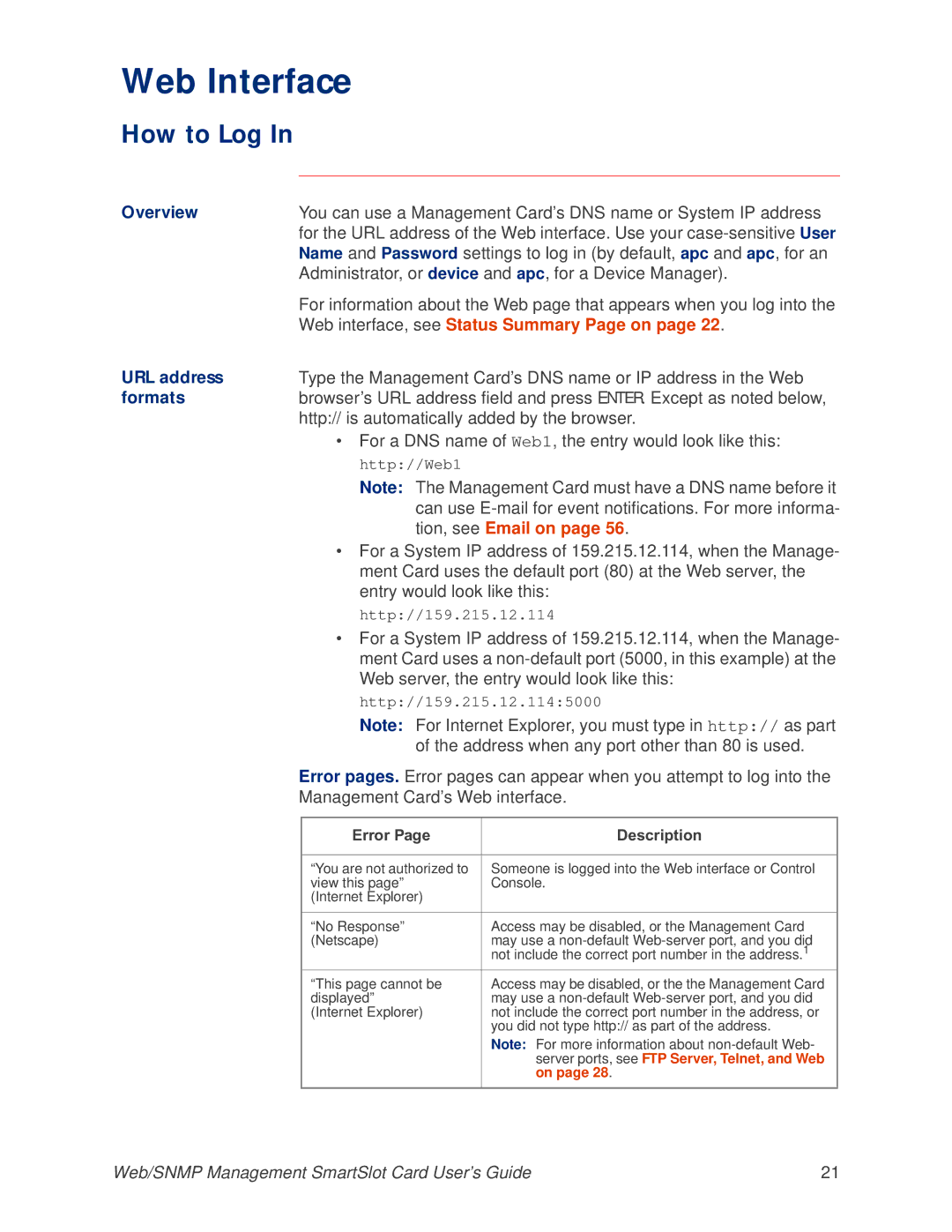 APC AP9606 manual Web Interface, Web interface, see Status Summary Page on, Tion, see Email on 