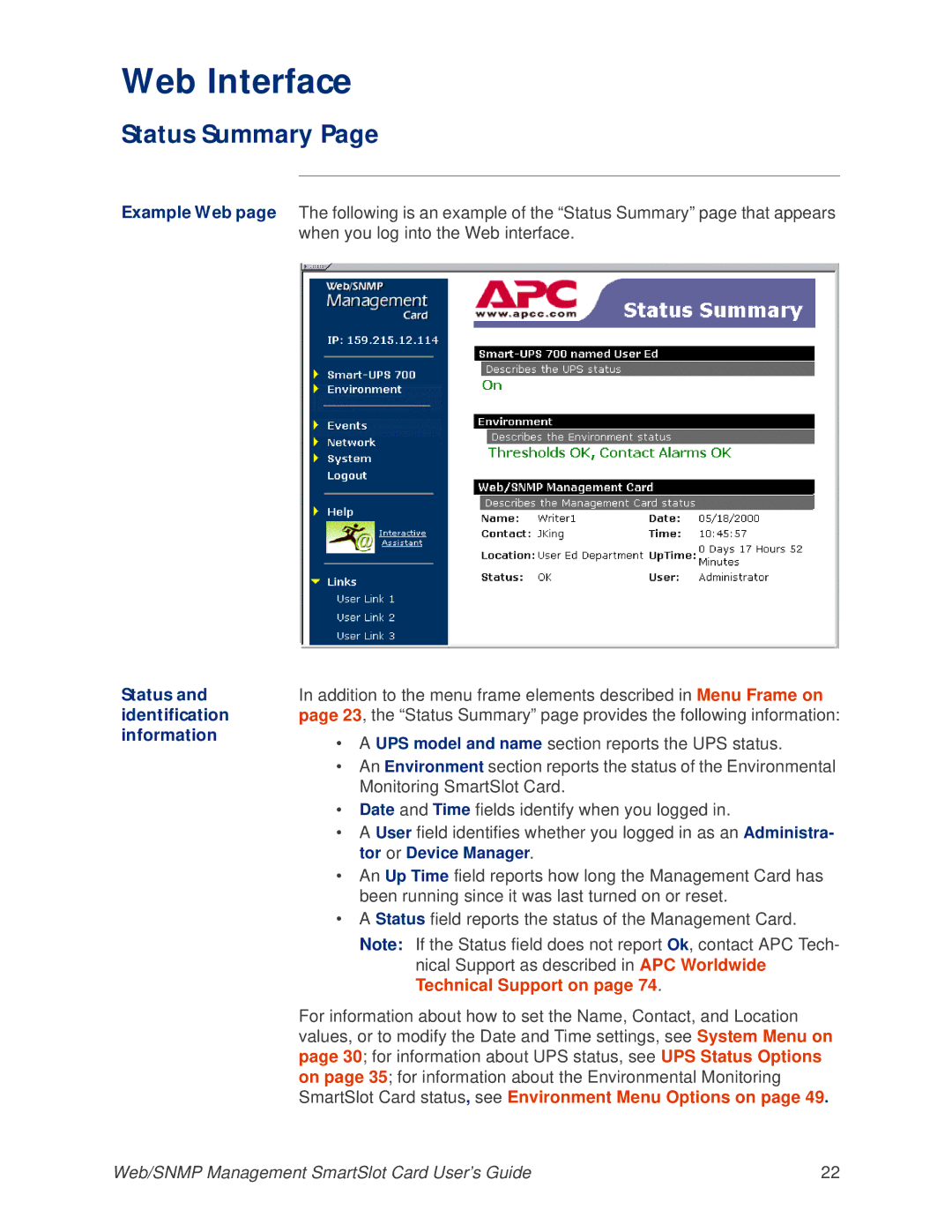 APC AP9606 manual Status Summary 