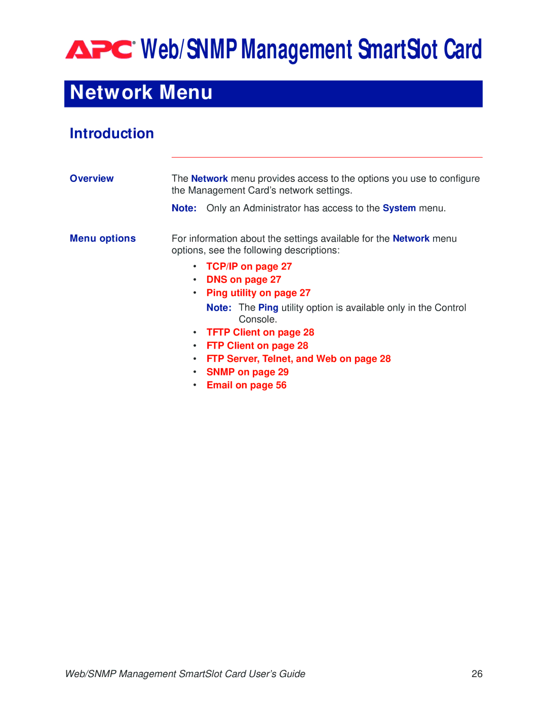 APC AP9606 manual Network Menu 