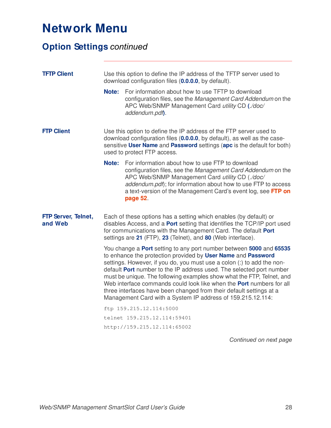 APC AP9606 manual Download configuration files 0.0.0.0, by default, APC Web/SNMP Management Card utility CD ./doc 