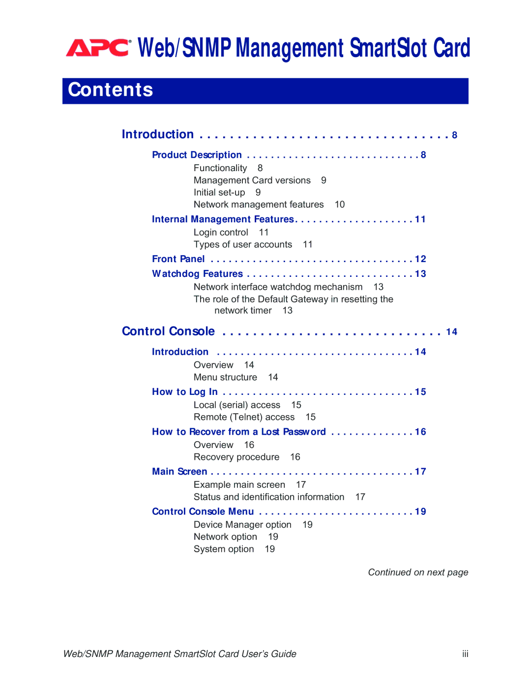 APC AP9606 manual Web/SNMP Management SmartSlot Card, Contents 