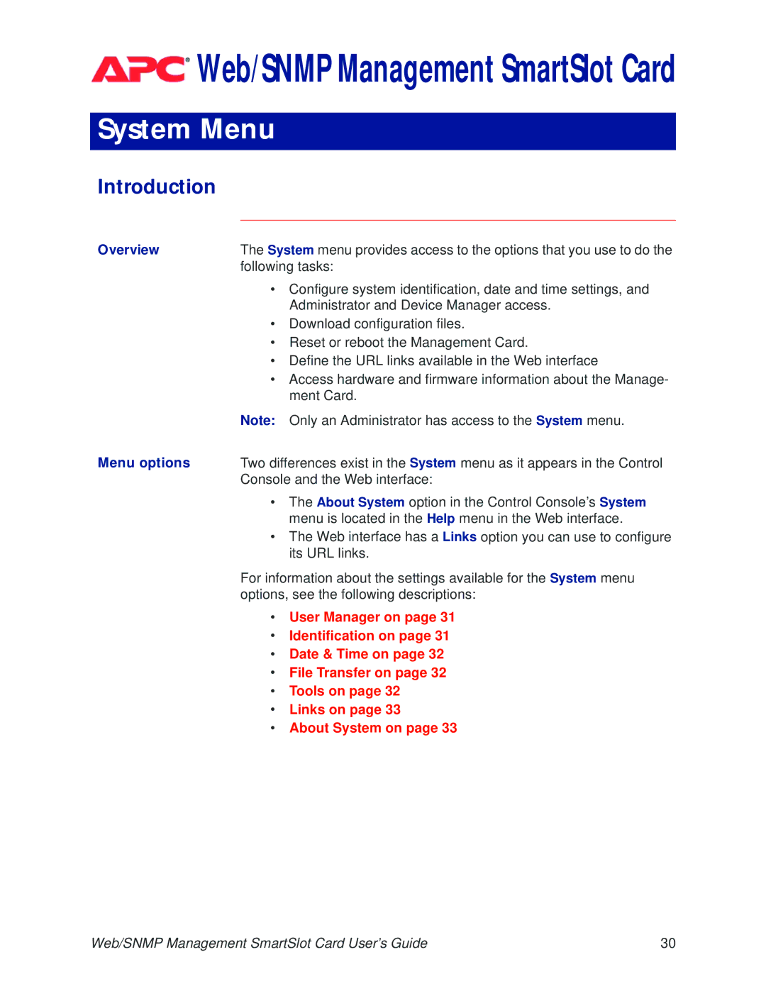 APC AP9606 manual System Menu 