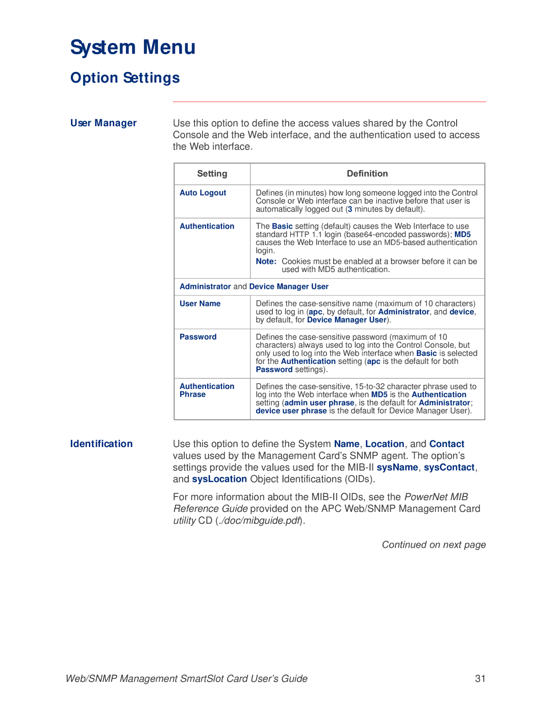 APC AP9606 manual System Menu, Web interface 