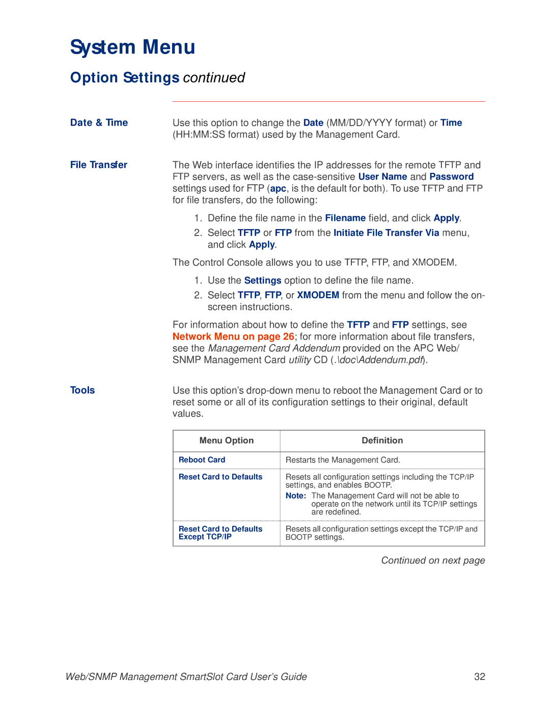 APC AP9606 Hhmmss format used by the Management Card, For file transfers, do the following, Screen instructions, Values 