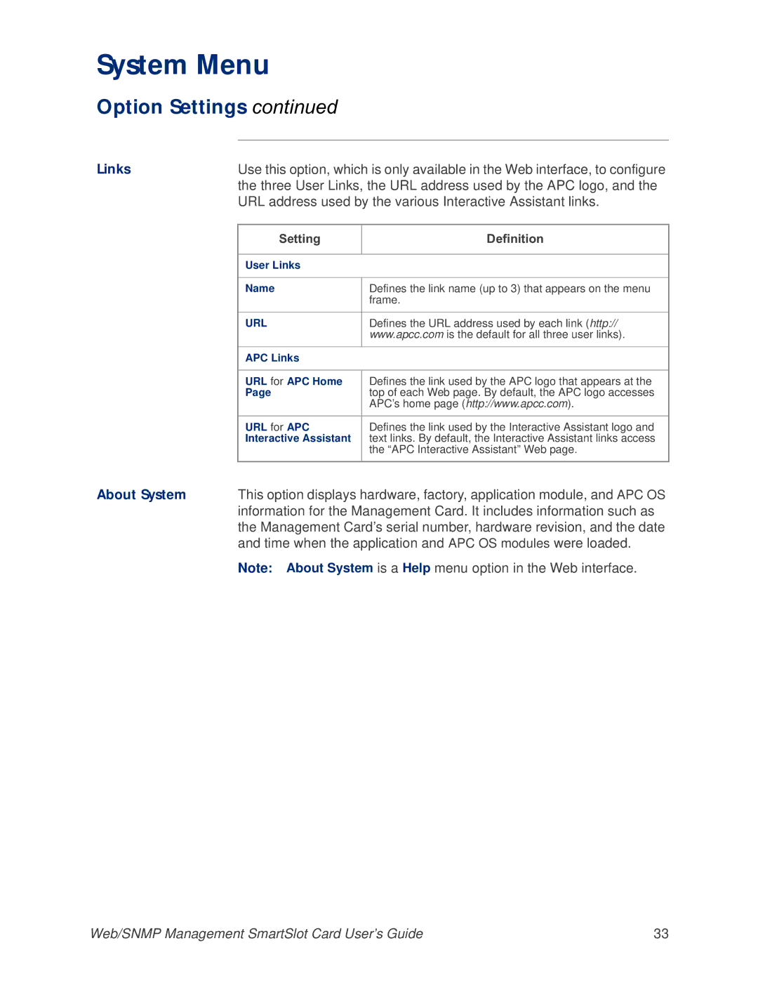 APC AP9606 manual Three User Links, the URL address used by the APC logo 