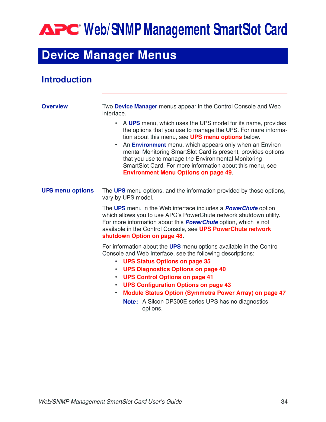 APC AP9606 manual Device Manager Menus, Environment Menu Options on 