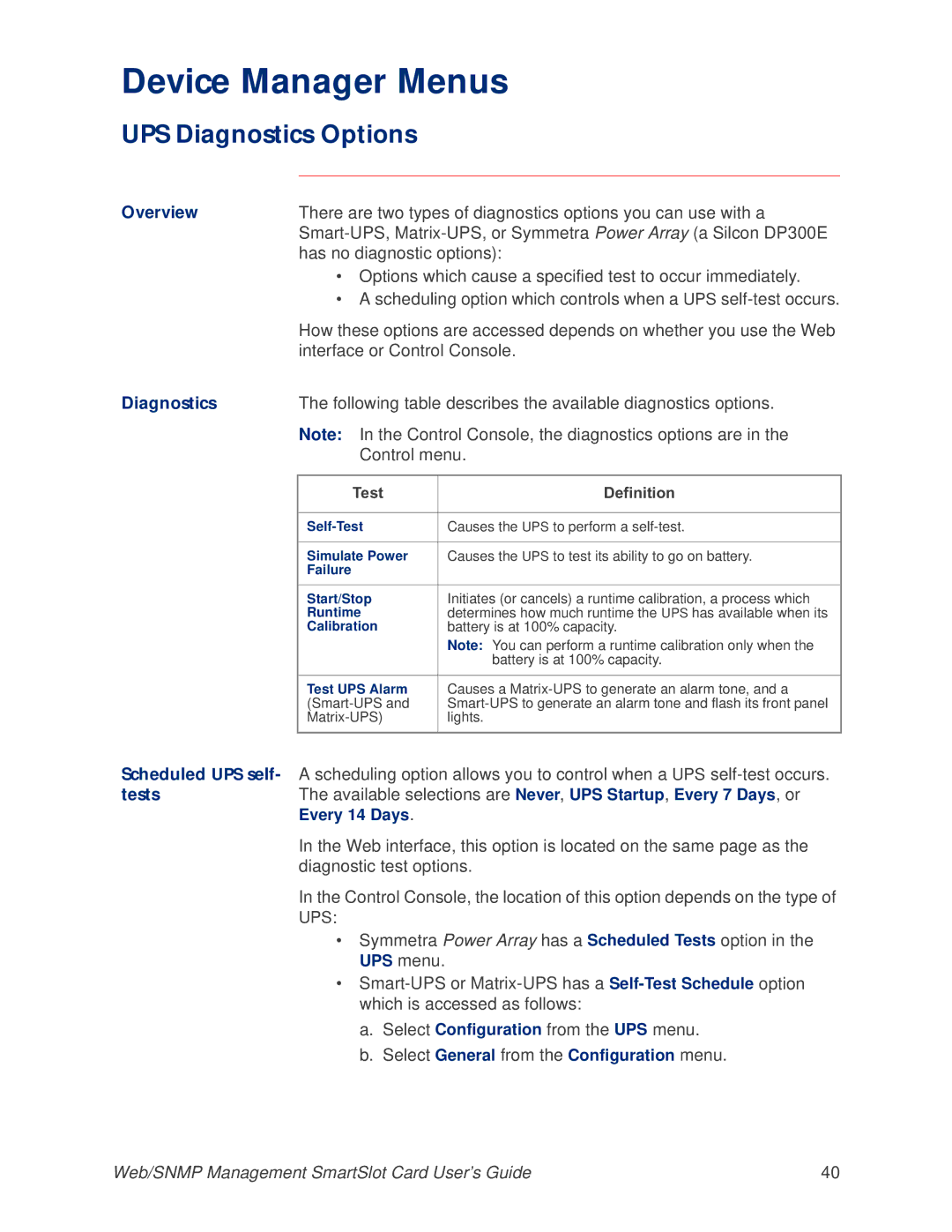 APC AP9606 manual UPS Diagnostics Options 