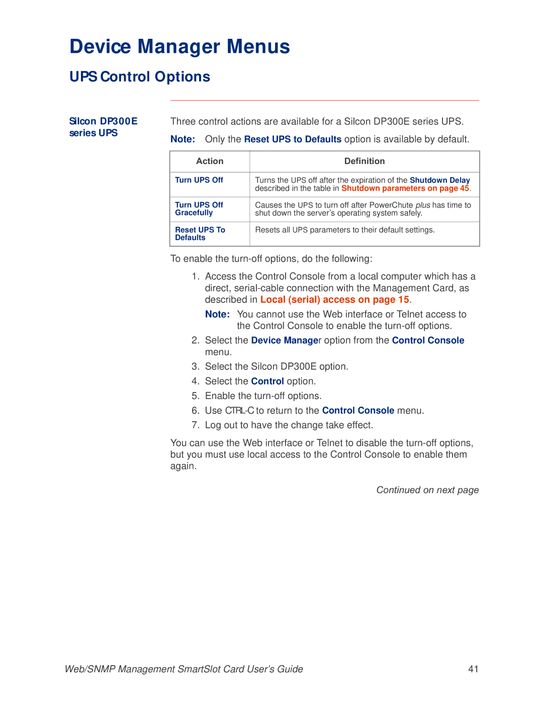 APC AP9606 manual UPS Control Options, Action Definition 