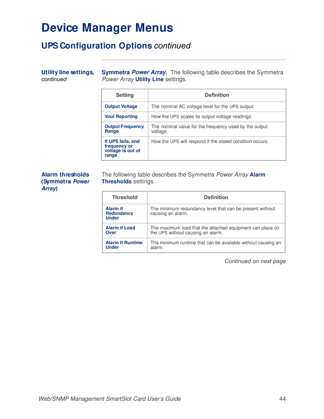 APC AP9606 manual Threshold Definition 