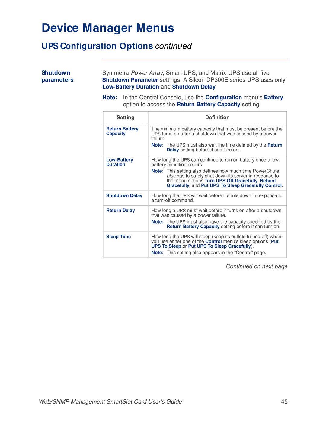 APC AP9606 manual Option to access the Return Battery Capacity setting 