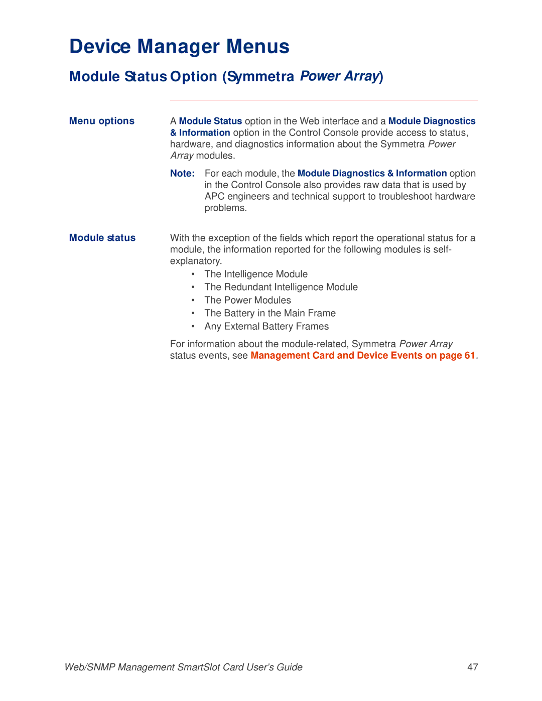 APC AP9606 manual Module Status Option Symmetra Power Array 