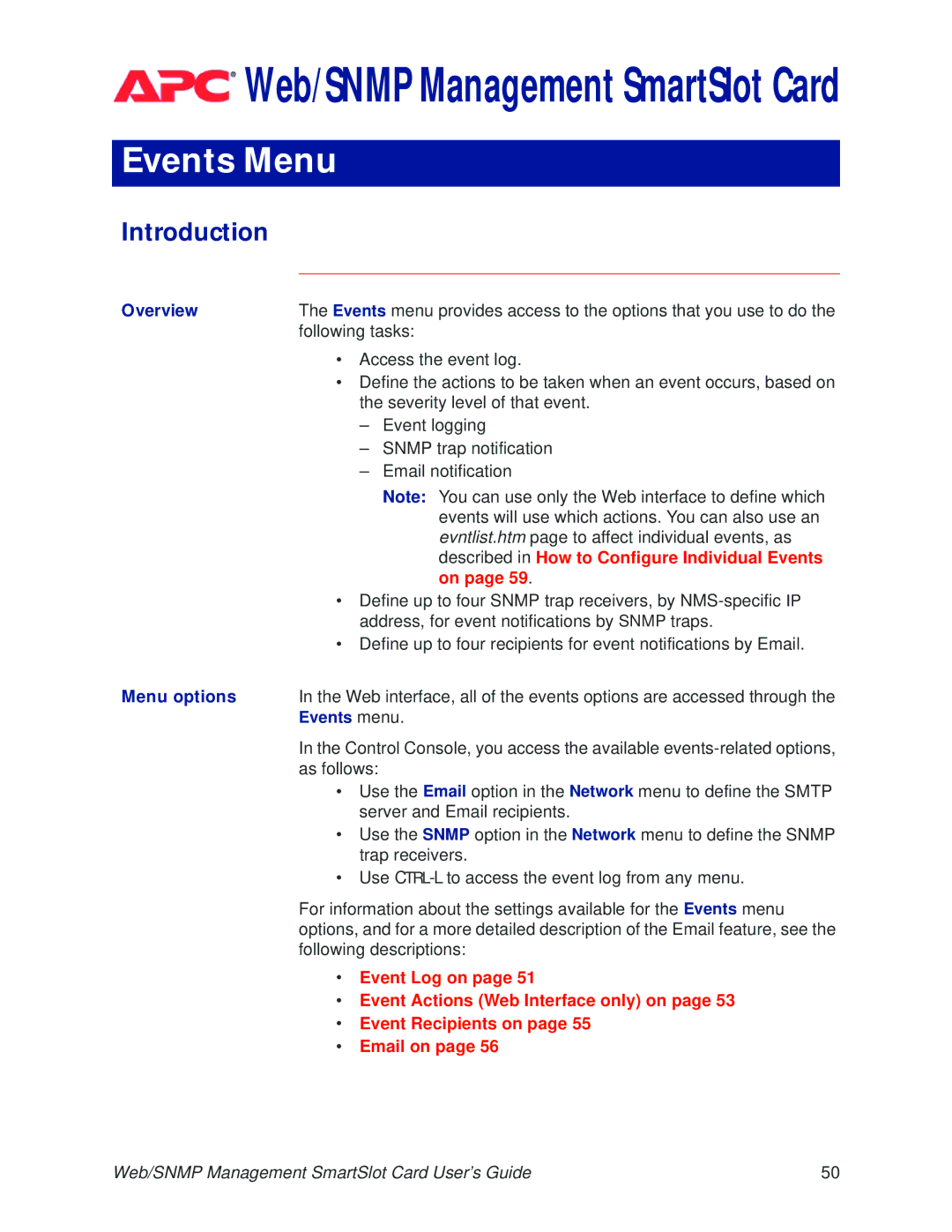 APC AP9606 manual Events Menu, Described in How to Configure Individual Events 