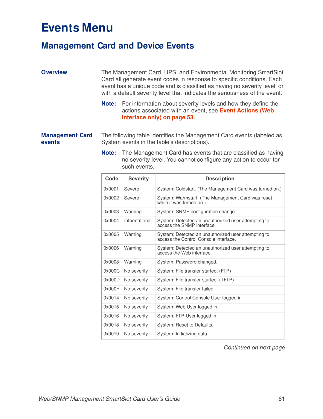 APC AP9606 Management Card and Device Events, Actions associated with an event, see Event Actions Web, Interface only on 