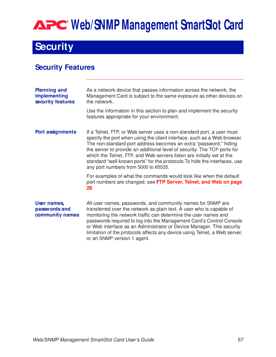 APC AP9606 manual Security Features 