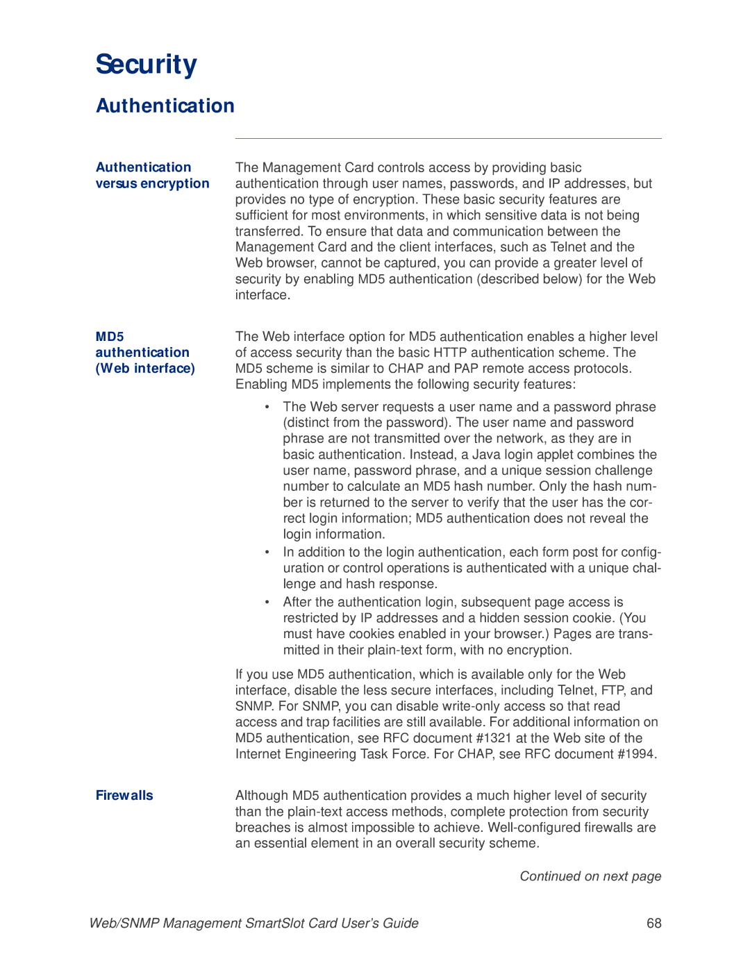 APC AP9606 manual Security, Authentication 