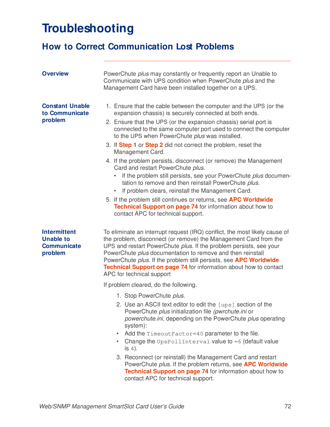 APC AP9606 manual How to Correct Communication Lost Problems, Technical Support on page 74 for information about how to 