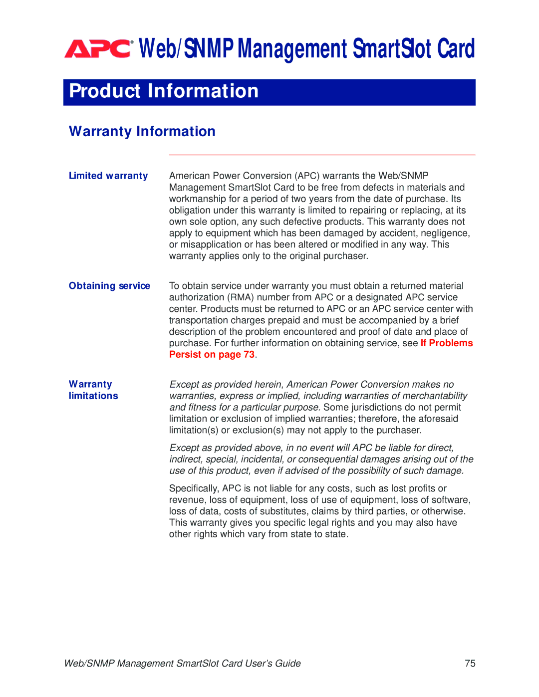 APC AP9606 manual Product Information, Warranty Information, Persist on 