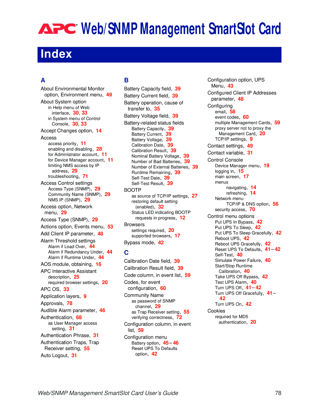 APC AP9606 manual Index, Accept Changes option, 14 Access 