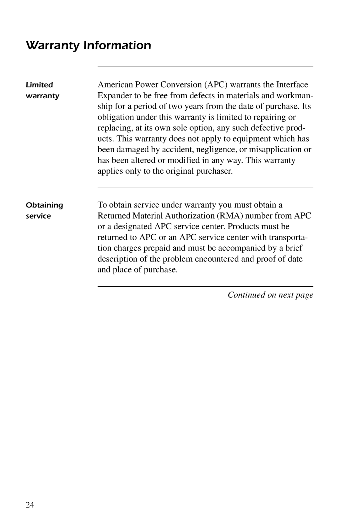 APC AP9607 manual Warranty Information 