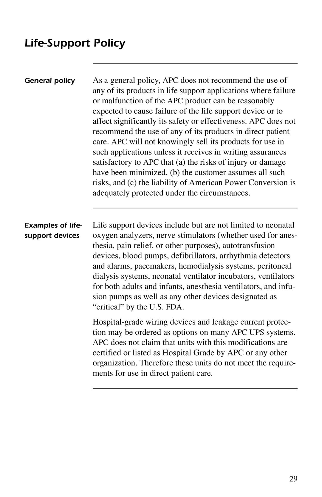 APC AP9607 manual Life-Support Policy 