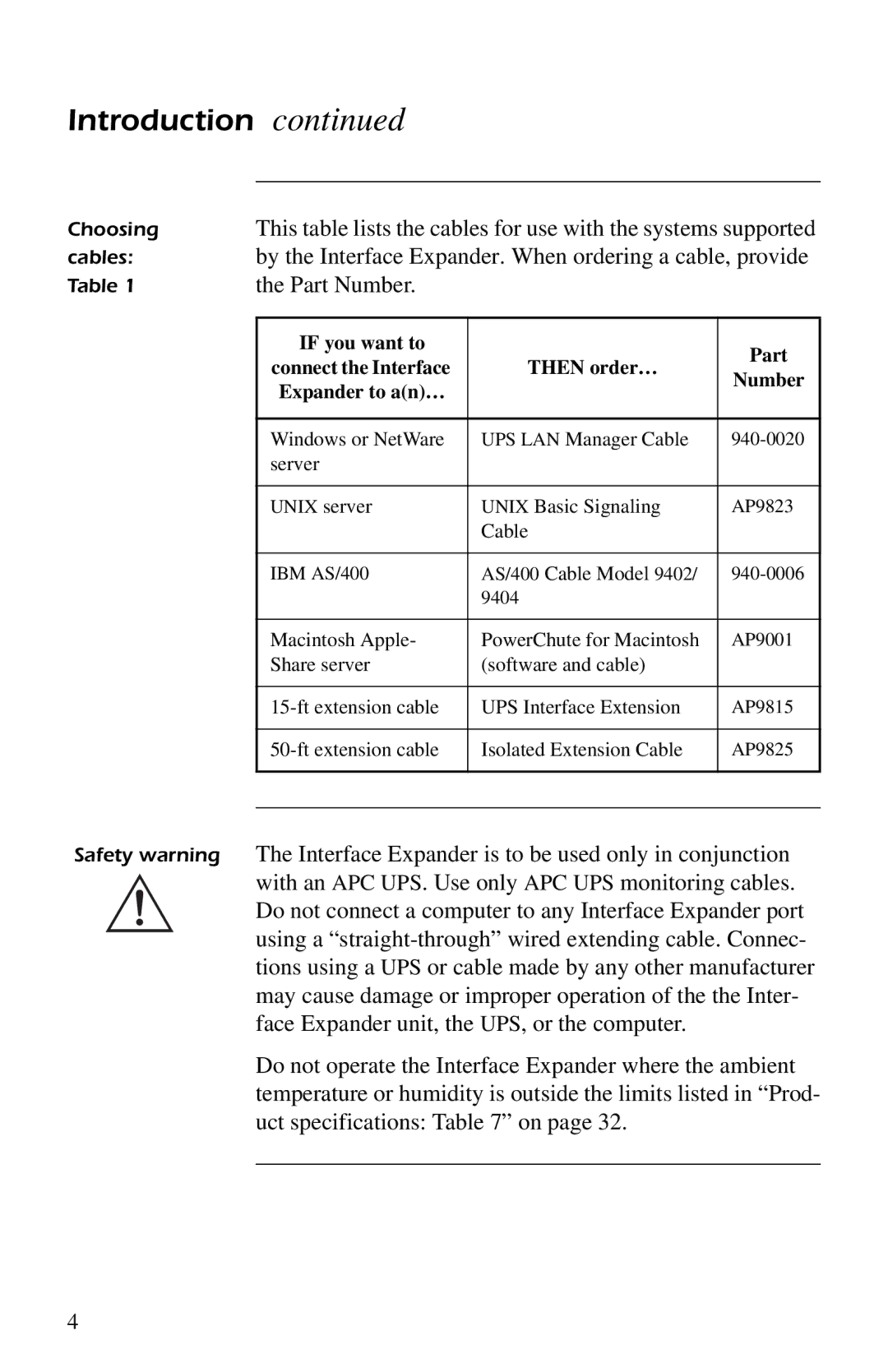 APC AP9607 manual By the Interface Expander. When ordering a cable, provide, Part Number 