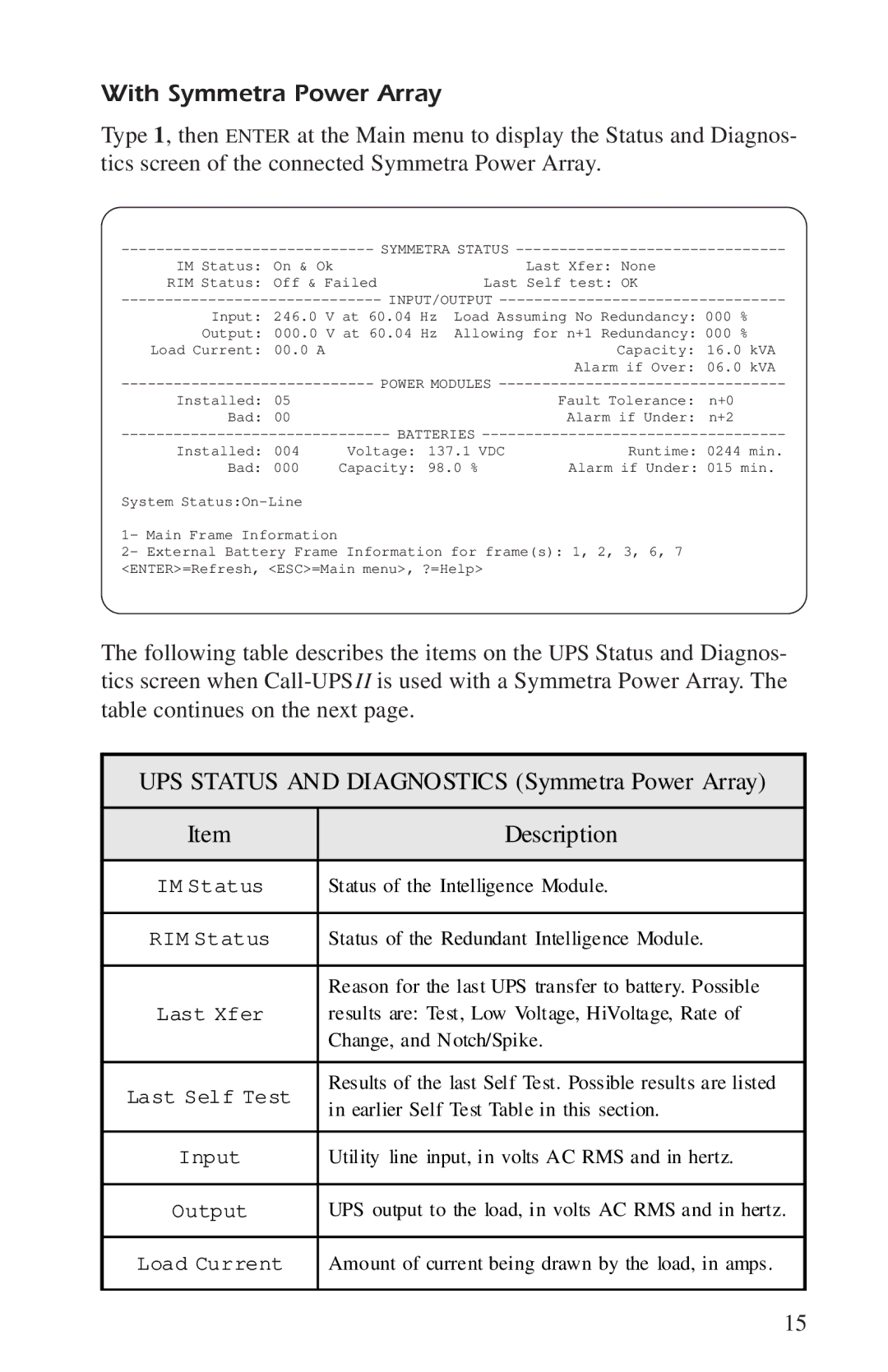 APC AP9208, AP9608 manual With Symmetra Power Array, UPS Status and Diagnostics Symmetra Power Array Description 