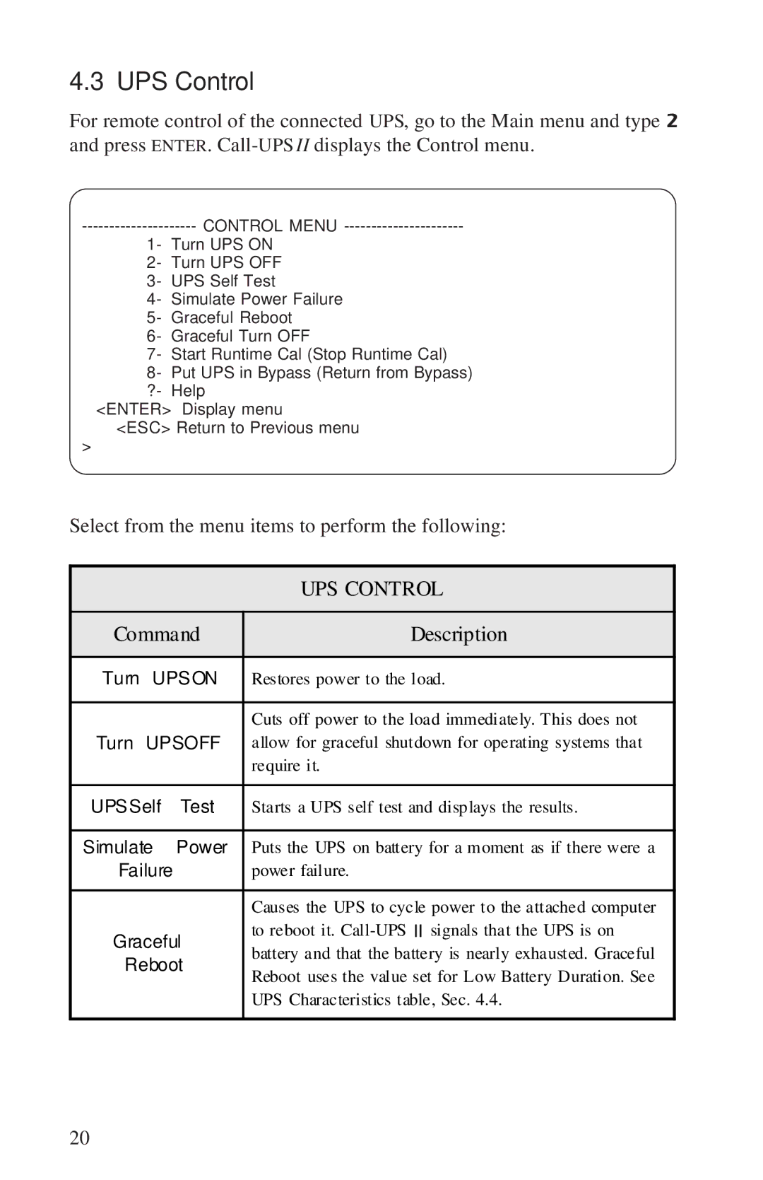 APC AP9608, AP9208 manual UPS Control, Command Description 