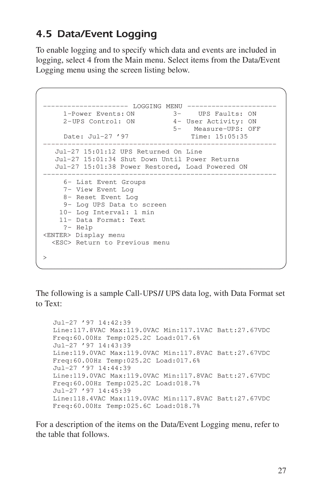 APC AP9208, AP9608 manual Data/Event Logging, Menu 