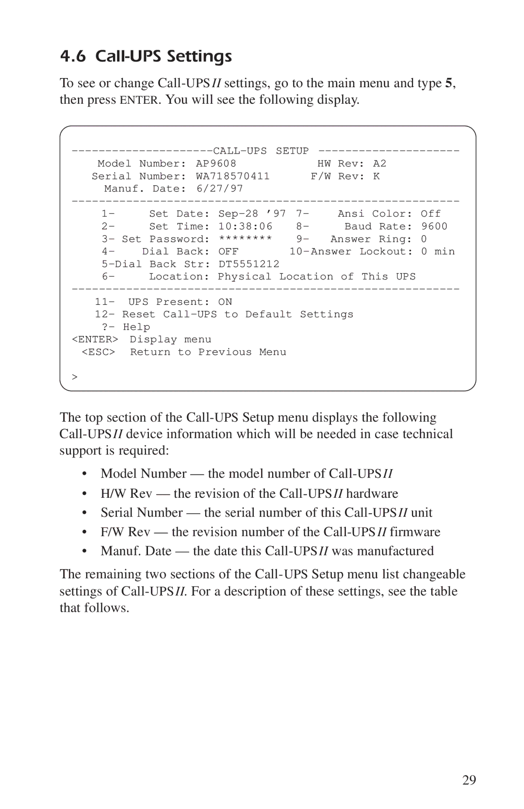 APC AP9208, AP9608 manual Call-UPS Settings, Call-Ups 