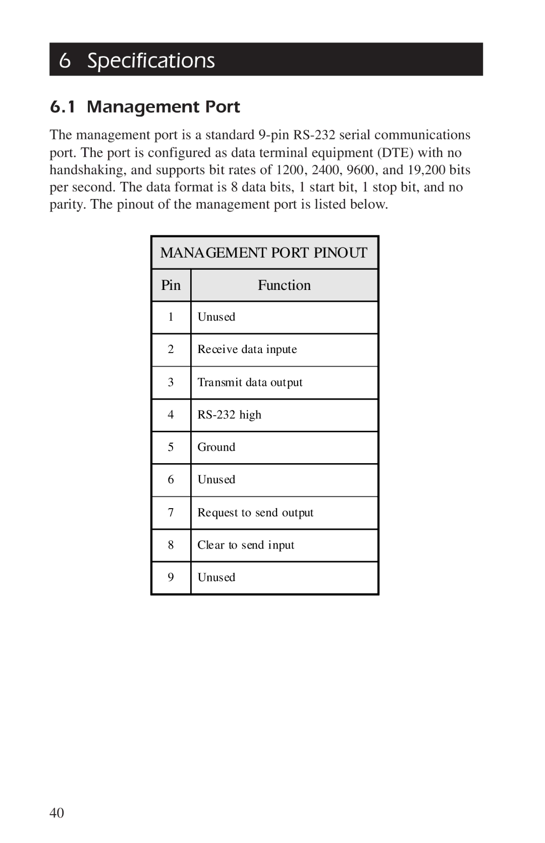 APC AP9608, AP9208 manual Specifications, Management Port Pinout, Pin Function 