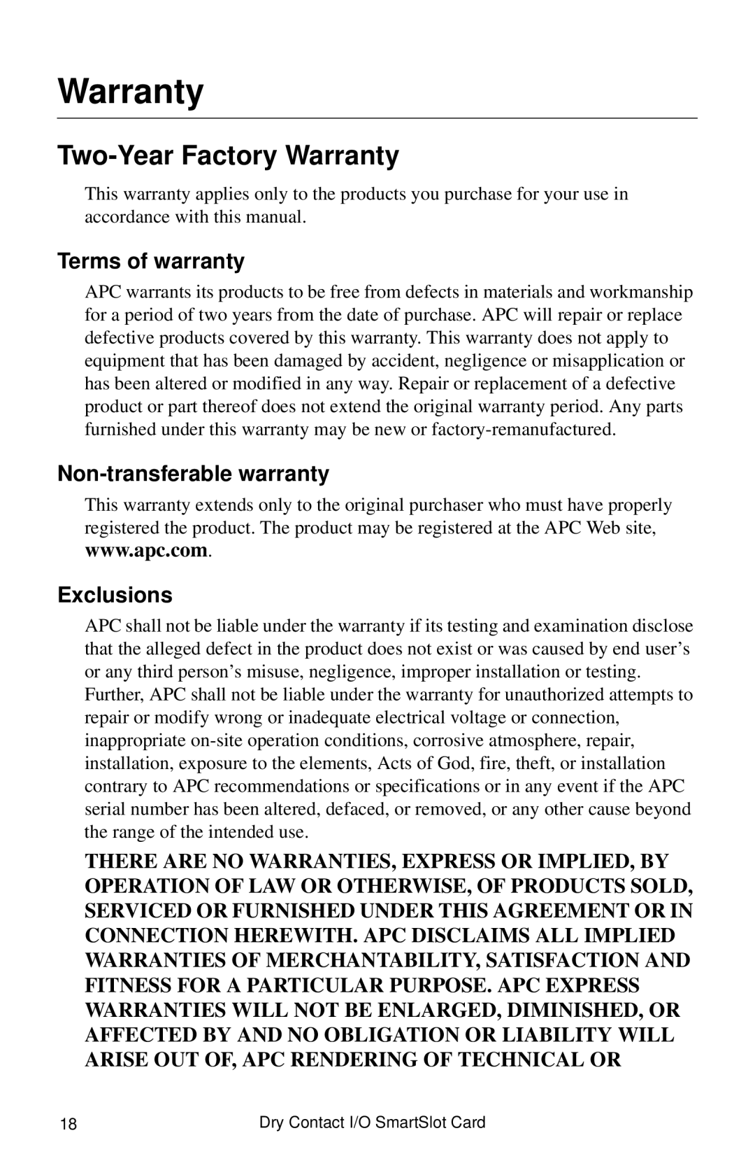 APC AP9613, AP9810 manual Two-Year Factory Warranty, Terms of warranty, Non-transferable warranty Exclusions 