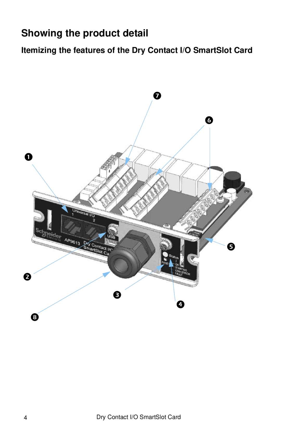 APC AP9613, AP9810 manual Showing the product detail, Itemizing the features of the Dry Contact I/O SmartSlot Card 