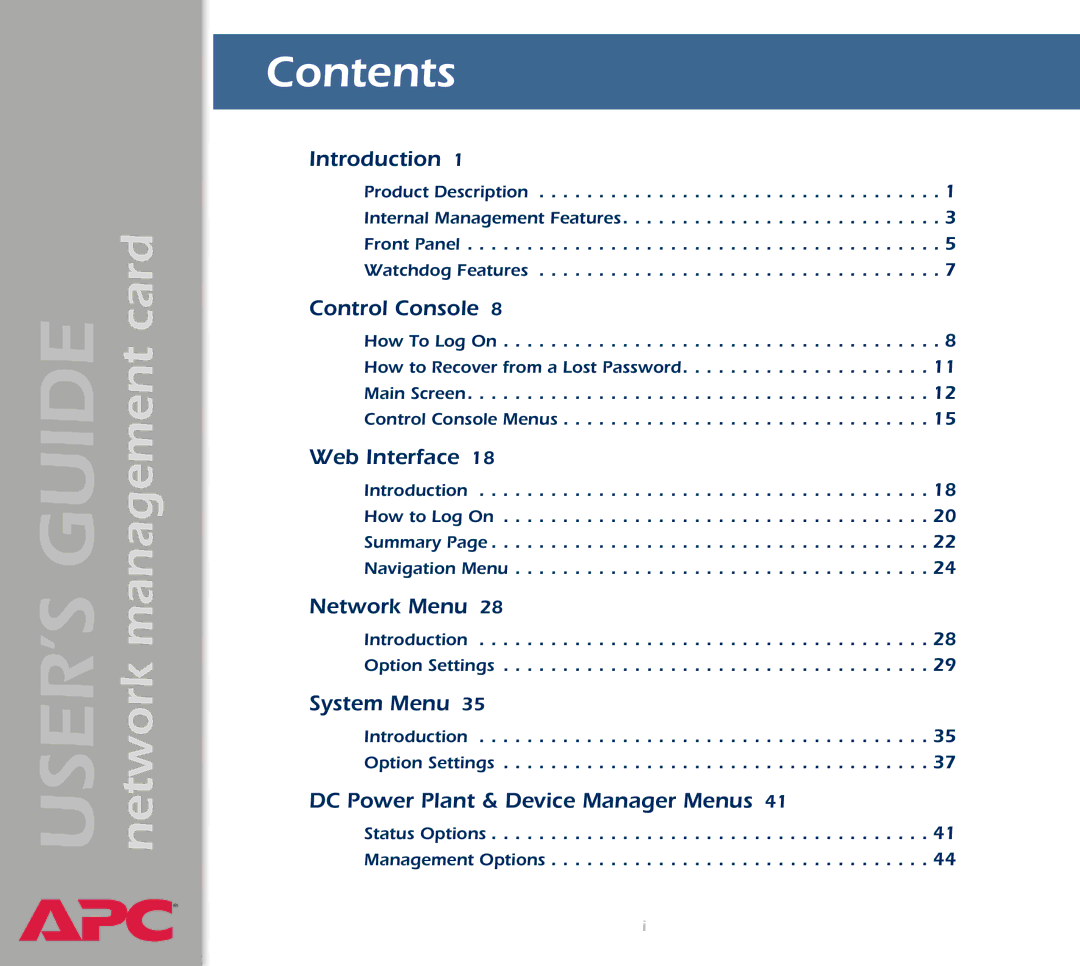 APC AP9617 manual USER’S Guide network management card, Contents 