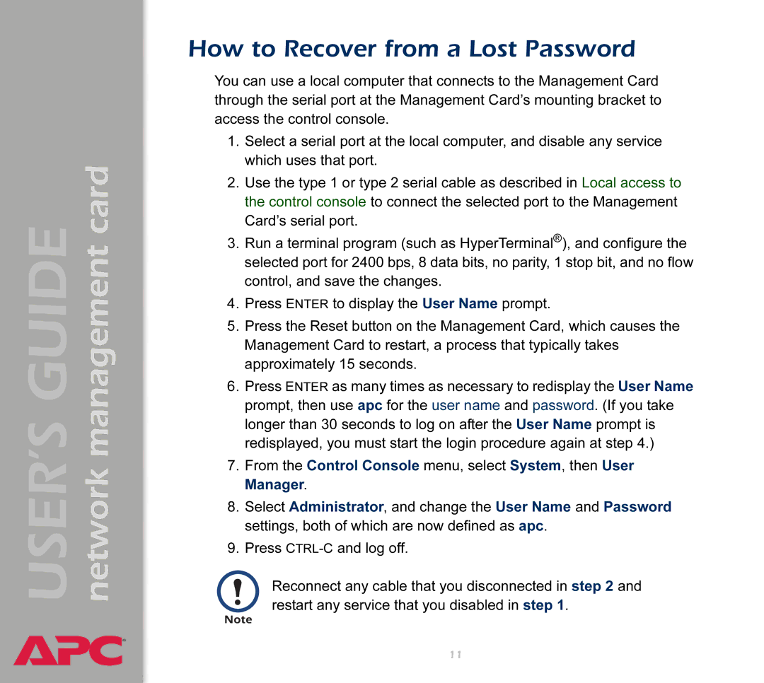 APC AP9617 manual How to Recover from a Lost Password 