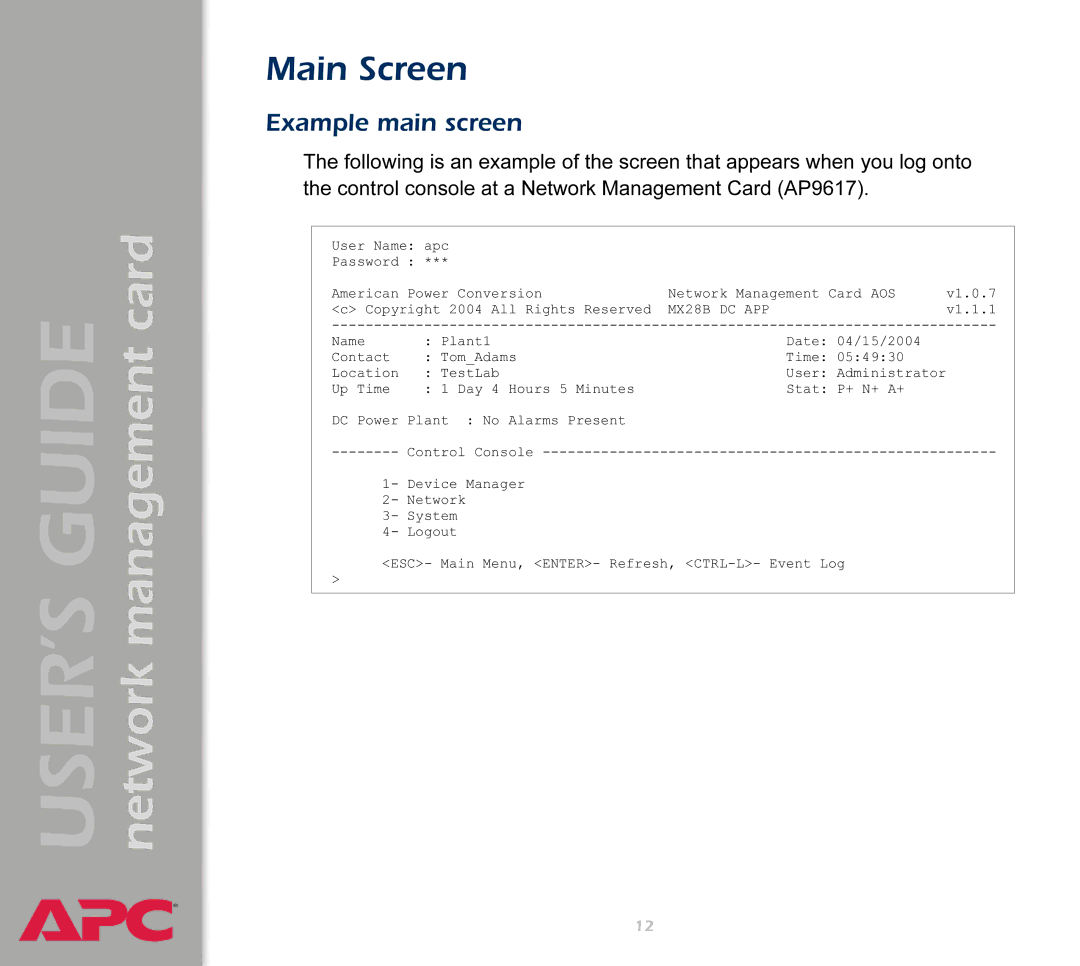 APC AP9617 manual Main Screen, Example main screen 