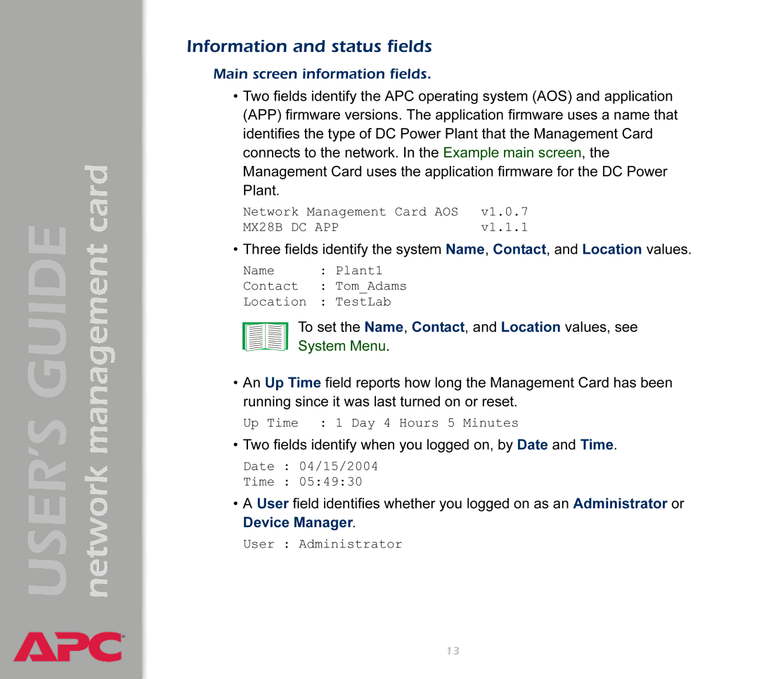 APC AP9617 manual Information and status fields, Main screen information fields 