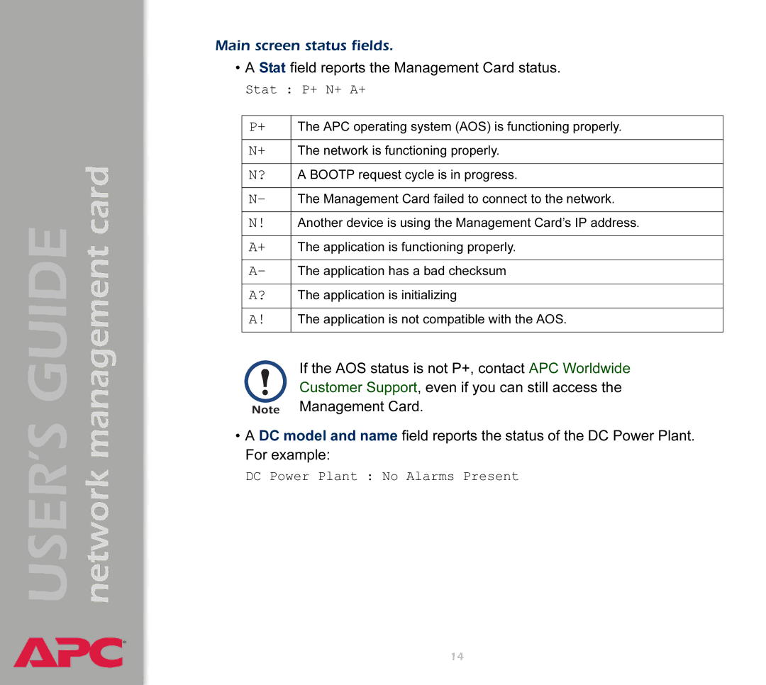 APC AP9617 manual Main screen status fields 