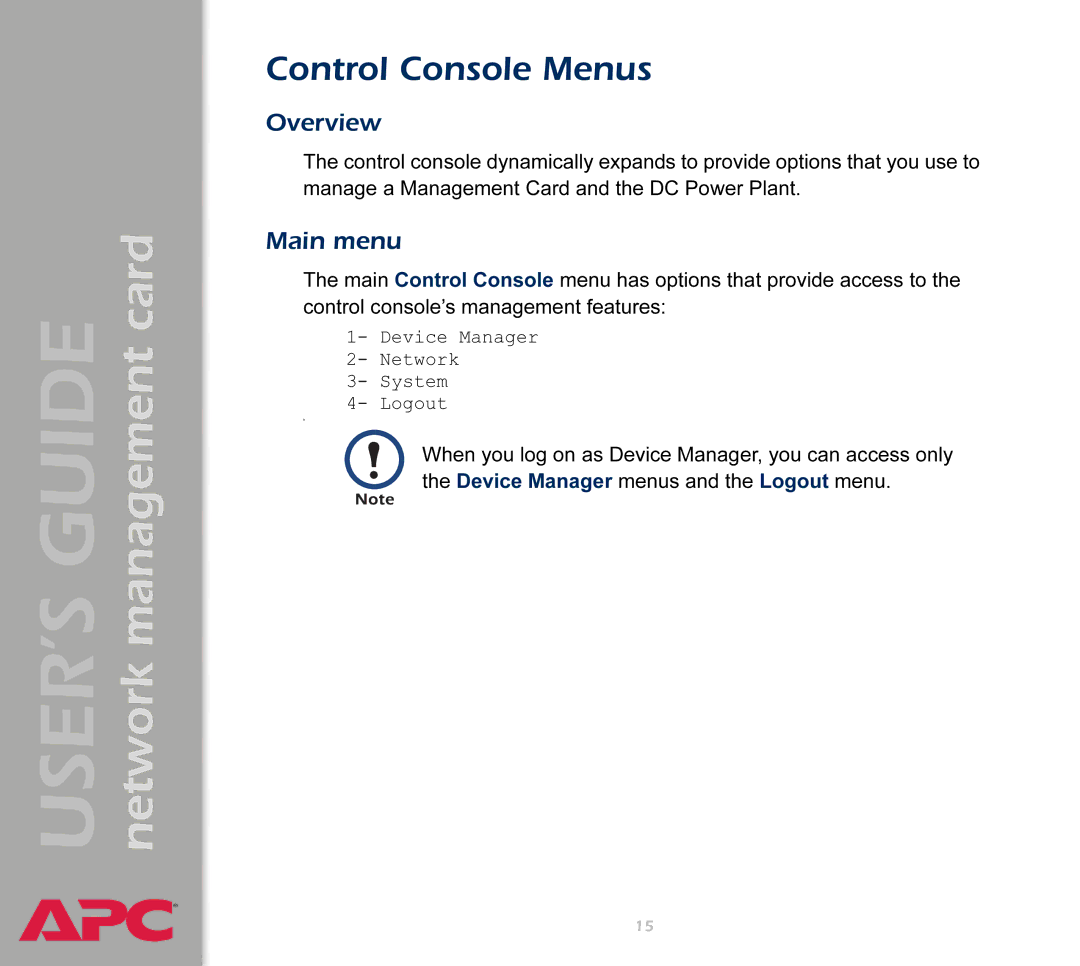 APC AP9617 manual Control Console Menus, Main menu 