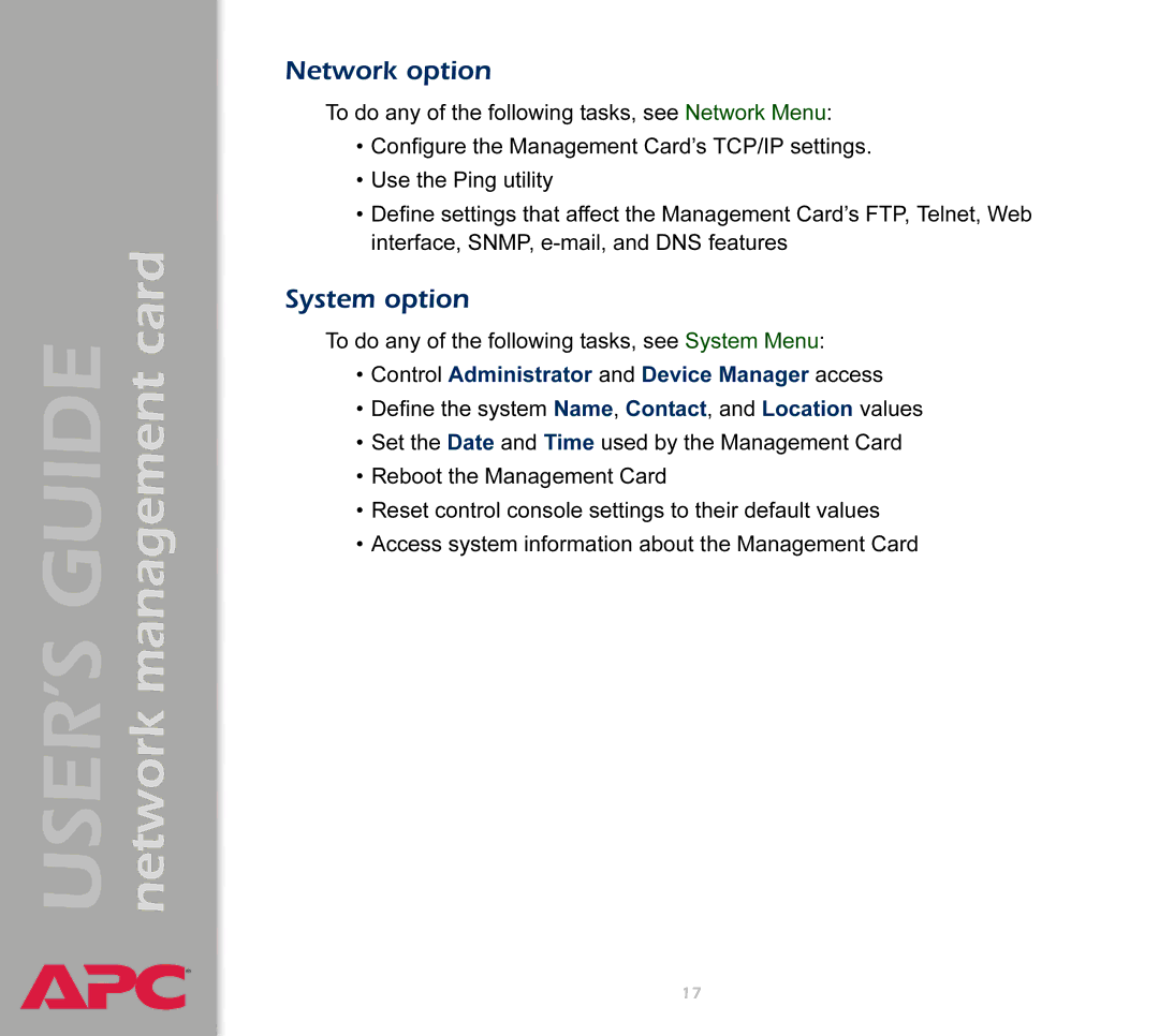 APC AP9617 manual Network option, System option 