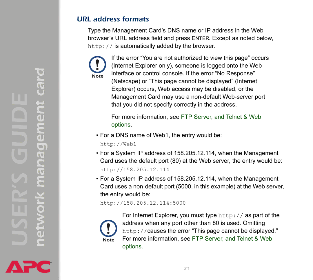 APC AP9617 manual URL address formats 