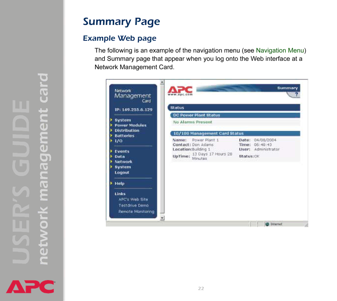 APC AP9617 manual Summary, Example Web 