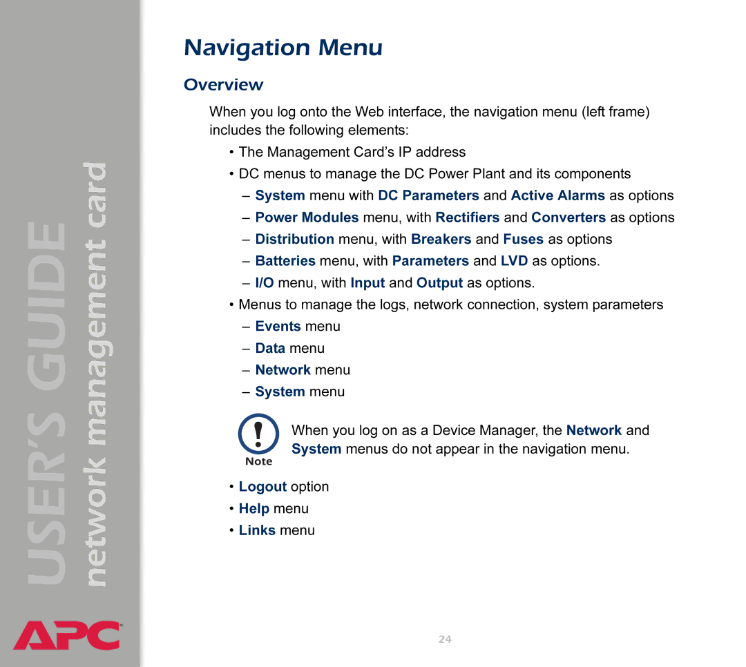 APC AP9617 manual Navigation Menu, Events menu Data menu Network menu System menu 